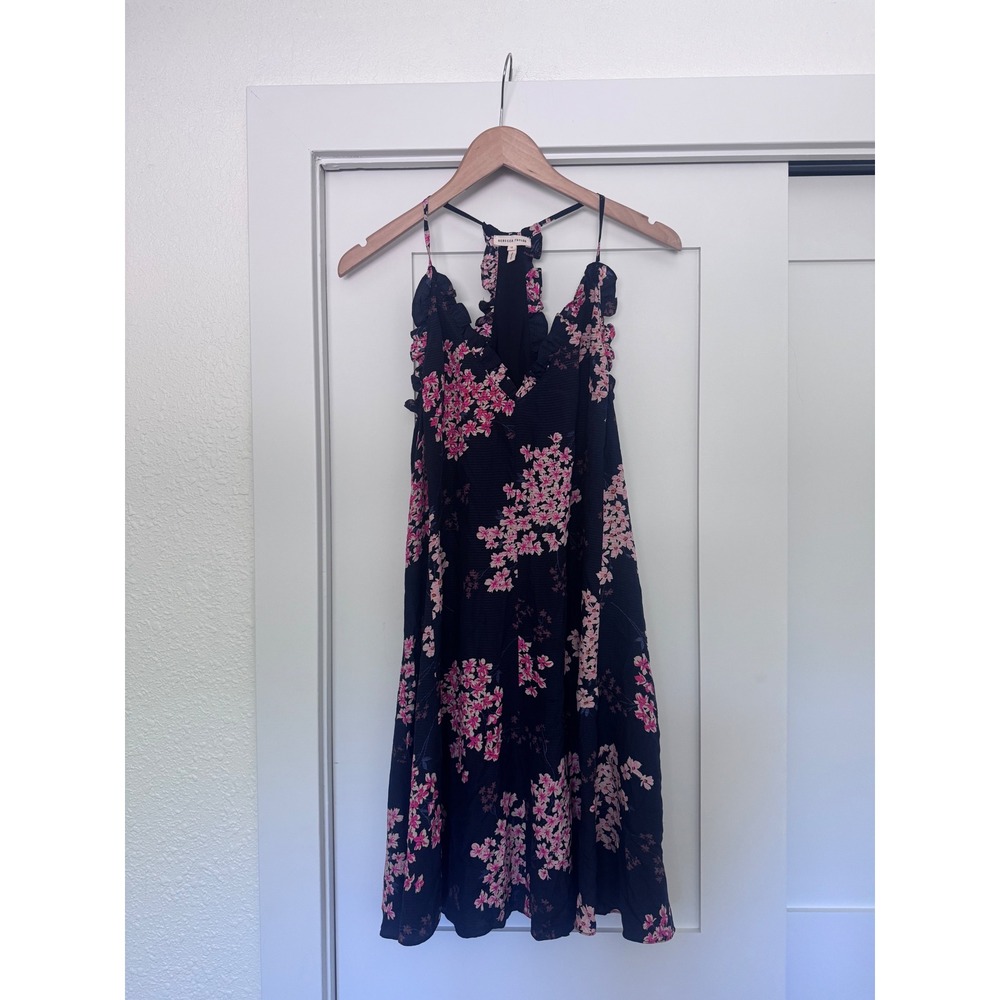 Rebecca Taylor Silk Floral Ruffle Mini Dress Navy Pink Cherry Blossom Size 12 - Picture 2 of 8
